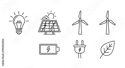 Renewable Energy Icons Line Drawings.