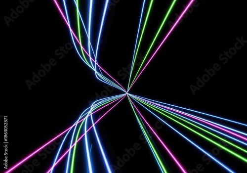 Abstract neon motion trails creating depth and perspective on dark background on blacksolid background