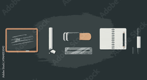 School supplies on dark surface.