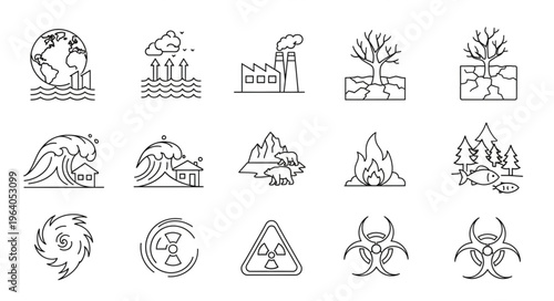 Collection of Environmental Disaster Icons - Climate Change and Pollution.