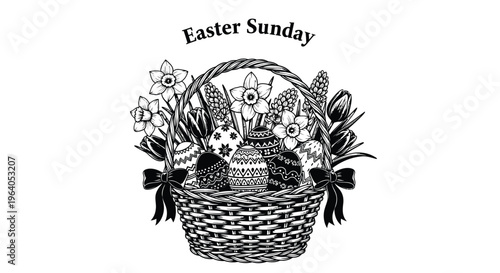 A beautiful vector illustration of an elegant Easter Sunday basket filled with decorated eggs and spring flowers, perfect for holiday designs.