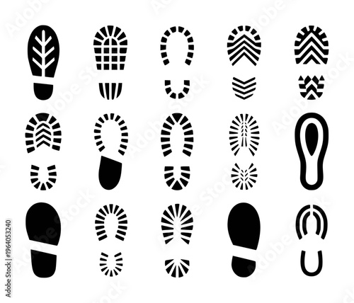 Collection of Black Footprint Shoe Sole Tread Patterns White Background