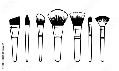 Collection of Black Makeup Brushes with Different Shapes White Background beauty