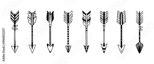 Collection of Hand Drawn Tribal Arrows with Decorative Fletching and Shafts White Background