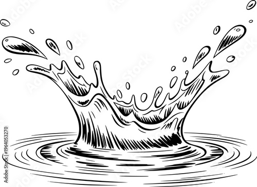 Dynamic black and white ink of a water splash with droplets and ripples liquid