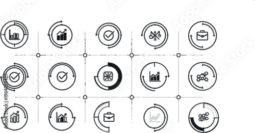 Business analytics line icons vector set with charts, growth, targets, finance symbols and circular dashboard elements for modern data visualization design