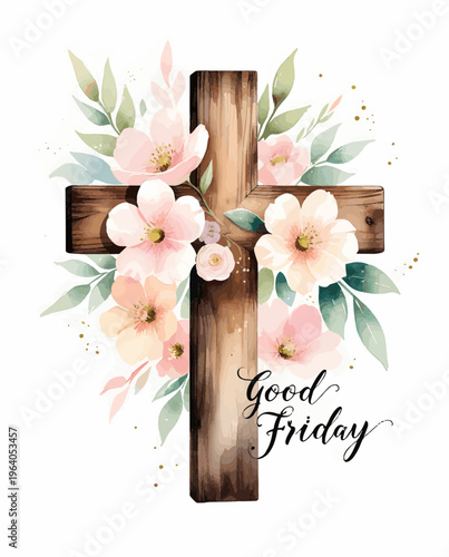 Artistic wooden cross decorated with beautiful pink floral watercolor elements and Good Friday calligraphy for Christian holiday greeting cards and spiritual media content