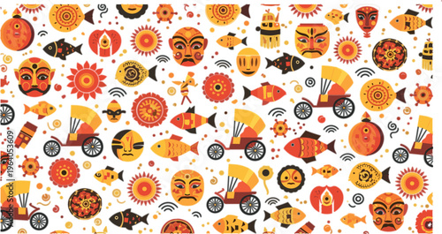 Seamless Indian folk pattern vector with traditional masks, fish, rickshaws, sun motifs, ethnic ornaments and vibrant cultural elements in repeating background design