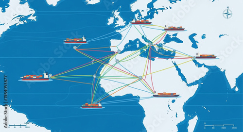 Global Shipping Network Visualization - Cargo Ships and Trade Routes.