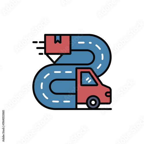 A stylized illustration of a red truck driving on a blue road with a pen nib.