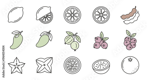 Variety of fruit icons and illustrations.