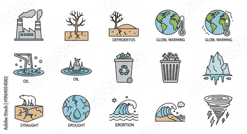 Illustrations depicting the effects of climate change and environmental issues.