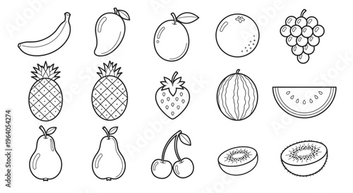 Variety of fruit icons line art 12.