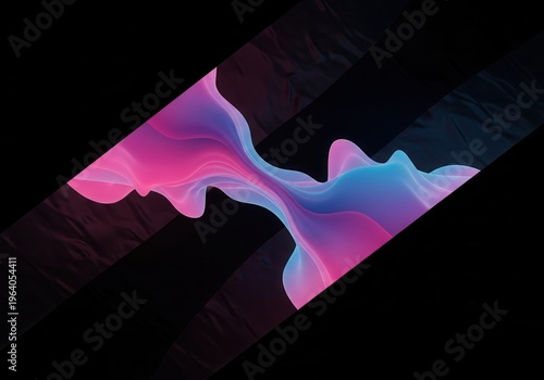 Cinematic smooth flowing motion of gradient blends in vibrant pink and blue against an asymmetrical dark background on blacksolid background
