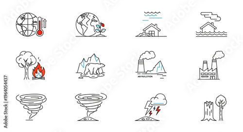 Climate Change Icons - Global Warming, Pollution, and Natural Disasters.