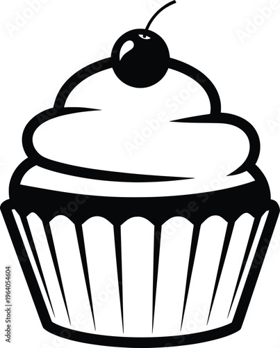 An illustration depicts a cupcake with frosting and a cherry on top in a simple black silhouette style.