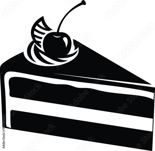 A high-resolution black silhouette vector illustration of a slice of cake with a cherry on top depicts dessert food closeup.