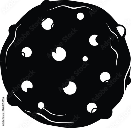 A high-resolution black silhouette vector illustration of a cookie with many holes is prominently displayed on a plain white background indoors.