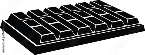 The image shows a high-resolution black silhouette vector illustration of a keyboard from a slightly elevated side view on a white background.
