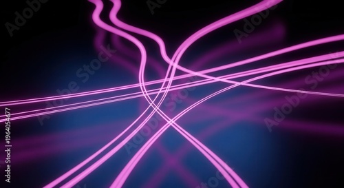 Close up of smooth glowing trails in vivid magenta curving asymmetrically across a sleek cinematic dark blue gradient on blacksolid background