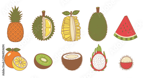 Variety of tropical fruit icons.