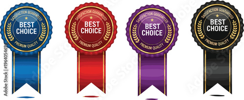 Set of four luxury best choice premium quality satisfaction guaranteed golden badge ribbons in blue, red, purple, and black vector.