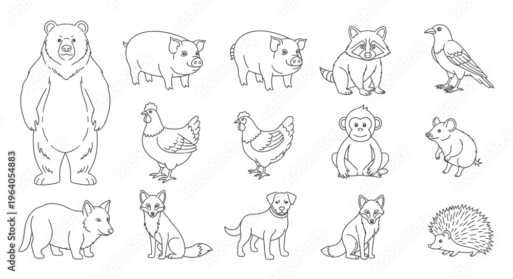 Fototapeta premium Various cartoon animals standing together.