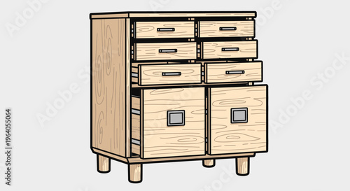 Wooden cabinet with multiple drawers.