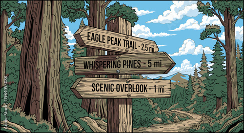 Wooden trail sign in forest.