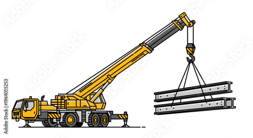 Yellow construction crane lifting metal beams.