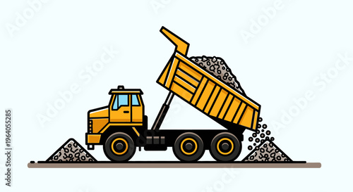 Yellow dump truck carrying gravel.