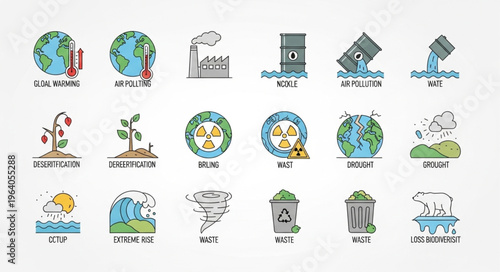 Collection of Environmental Issues and Ecological Problems Icons.
