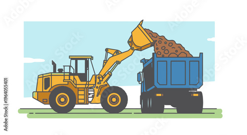 Yellow tractor loading brown soil.