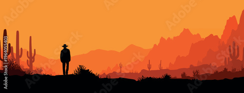 Western Cowboy Silhouette in Desert at Sunset Vector Background