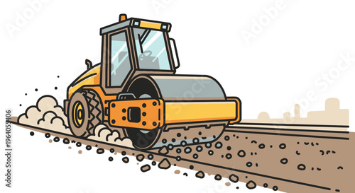 Yellow road roller machine working.