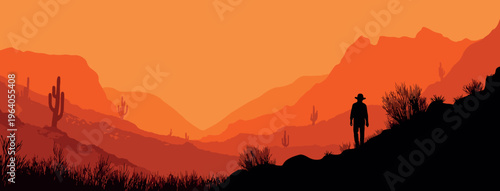 Western Cowboy Silhouette in Desert at Sunset Vector Background