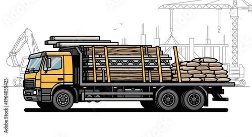 Yellow truck carrying wooden logs.