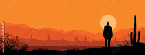 Western Cowboy Silhouette in Desert at Sunset Vector Background