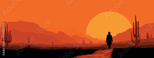Western Cowboy Silhouette in Desert at Sunset Vector Background