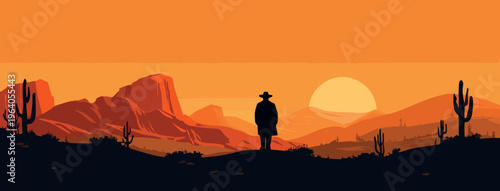 Western Cowboy Silhouette in Desert at Sunset Vector Background