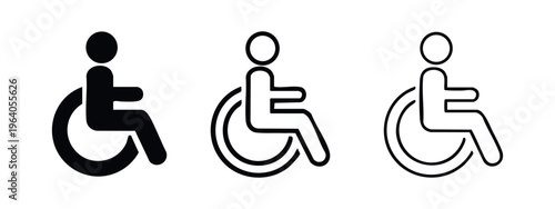 Wheelchair user icon set for accessibility, disabled person symbol, and mobility assistance