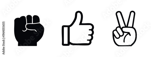 Hand gestures icon set: fist, thumbs up, and peace sign symbols