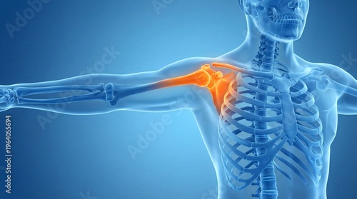 Human shoulder joint anatomy with highlighted pain inflammation in clavicle scapula and humerus medical 3D illustration