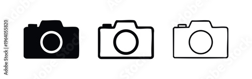 Photography camera icon set in different styles for digital and visual applications, isolated on white background.