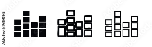 Audio equalizer or sound visualizer icon set in solid and outline styles for music applications, isolated on white.