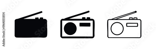 Vintage radio icon set in multiple styles. Classic broadcast receiver symbol for news and music.