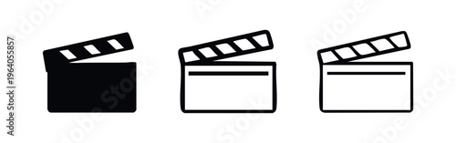 Movie clapper board icon set in different styles. Film production symbol for cinema and video content.