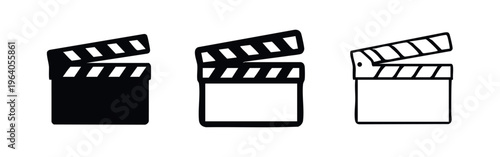 Film clapperboard icon set in various styles. Cinema and video production symbol for creative projects.