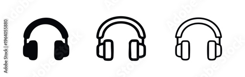 Audio headphones icon set in diverse styles. Modern listening device symbol for sound and media.