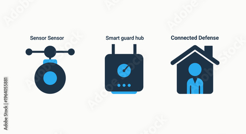 Smart home security sensor, hub device, and connected defense system icons for automation and internet of things iot vector